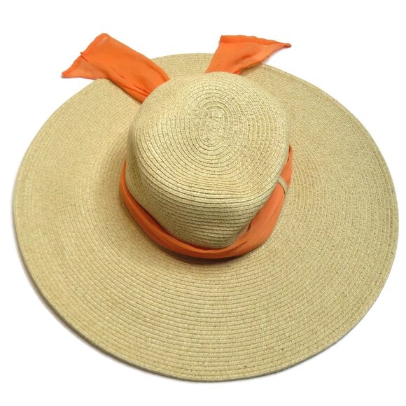 Raffia Sun Hat Paper Vacation Beach Wide Brim Peach Ribbon Travel Holiday Summer - Picture 4 of 6